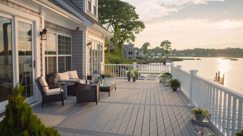 A beautiful custom composite deck on the back of a coastal Mid-Atlantic beach home, light gray cedar-shake siding, set against a calm bay in the background, outdoor furniture and a few potted plants on the deck, warm late-afternoon sunlight, inviting and lived-in, wide establishing shot.