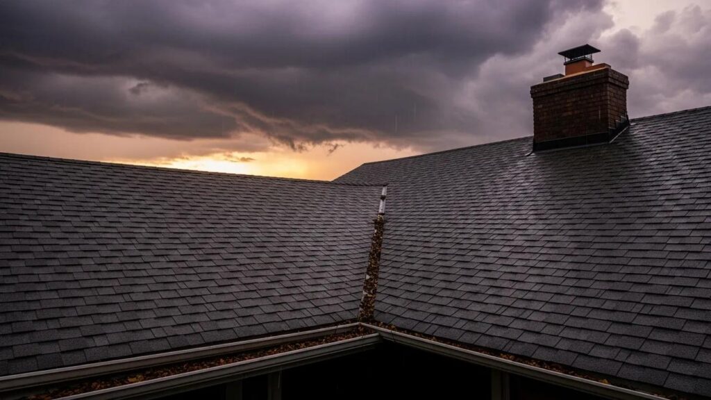 A residential asphalt-shingle roof under a stormy sky &mdash; ideally a real photo of one of your job sites, not generic stock